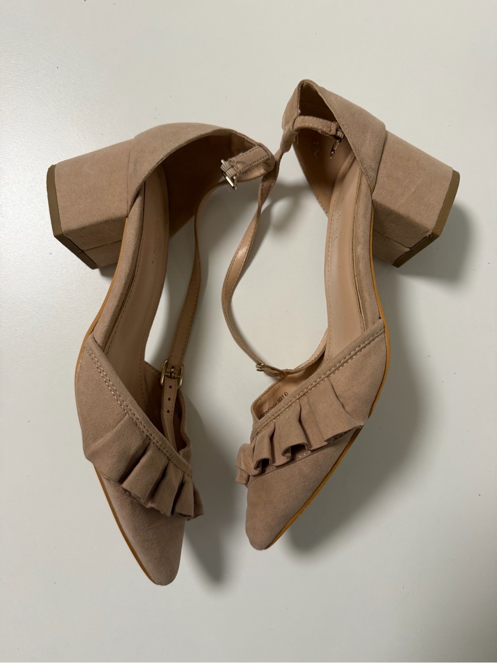 Nude Suede Ruffle Pointed-Toe Heels - Picture 2 of 4